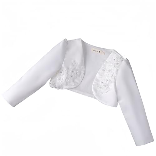 Proumhang Kinder Mädchen Shrug Cardigan Jacke Cover Up,Lange Ärmel Blume Satin Open Front Bolero Shawl,Hochzeit Brautjungfer Party Geburtstag Prinzessin Dress up Weiß 140 von Proumhang