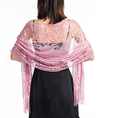 Proumhang Lady Elegance-Schal, Damen Floral Lace Schal mit Quasten, Weiche Mesh Fransen Wraps für Hochzeit Abend Partykleider 185cm x 65cm Dunkelrosa von Proumhang