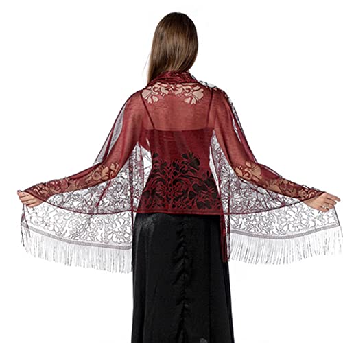 Proumhang Lady Elegance-Schal, Damen Floral Lace Schal mit Quasten, Weiche Mesh Fransen Wraps für Hochzeit Abend Partykleider 185cm x 65cm Purpurrot von Proumhang