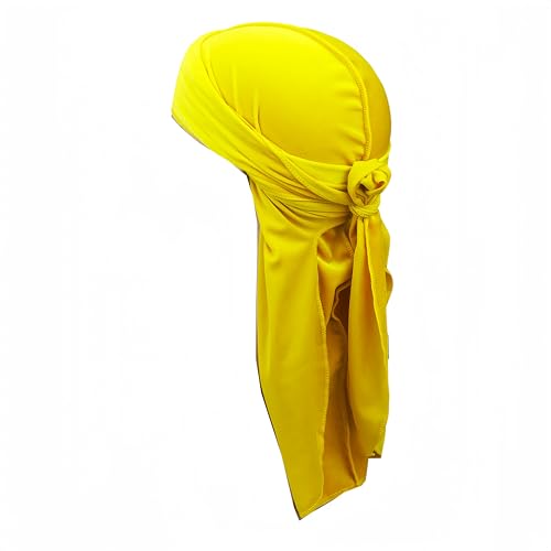 Proumhang Samt Durag für Männer Frauen,Langer Schwanz Durag Kopfbedeckungen Cap,Piraten Bandanas Turban,Mehrere Farben,Wellen Kopfwaffen mit Breiten Gurten Kopfbedeckungskappe Gelb von Proumhang