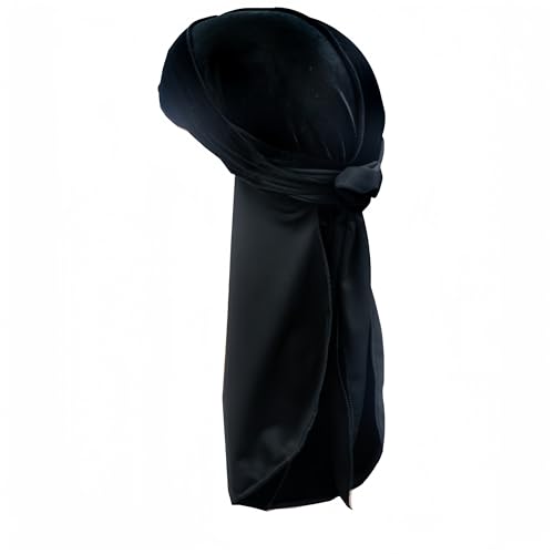 Proumhang Samt Durag für Männer Frauen,Langer Schwanz Durag Kopfbedeckungen Cap,Piraten Bandanas Turban,Mehrere Farben,Wellen Kopfwaffen mit Breiten Gurten Kopfbedeckungskappe Schwarz von Proumhang