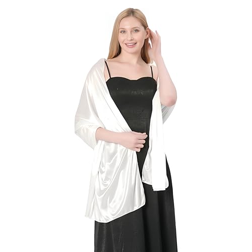 Proumhang Silky Satin Hochzeit Wrap Stola Schal Schal für Frauen Damen leichte solide Farbe lange Braut Brautjungfern elegante helle Abend Party Hochzeit Stola 200cm*70cm Weiß von Proumhang