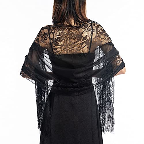 Proumhang Stola für Damen Festlich Spitzenschal Schal mit Quasten,Weiche Mesh Fransen Wraps für Hochzeit Abend Partykleider 185cm x 65cm Schwarz von Proumhang