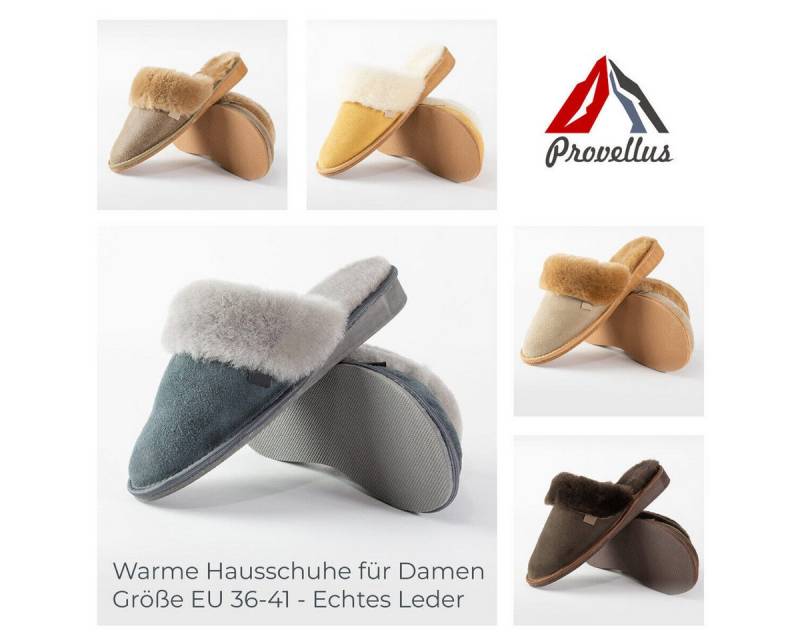 Provellus Damen Hausschuhe aus deutschem Merino Schaffell & Leder Hausschuh von Provellus
