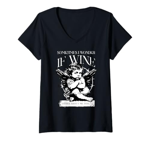 Damen I Wonder if Wine Thinks of me Too Thinking Angel Funny T-Shirt mit V-Ausschnitt Damen I Wonder if Wine Thinks of me Too Thinking Angel Funny T-Shirt mit V-Ausschnitt von Provio Wine
