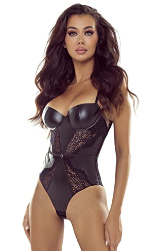 Provocative Schwarzer Damen Dessous wetlook Body mit Spitze, Bügel-Cups und Hakenverschluss im Schritt L/XL von Provocative