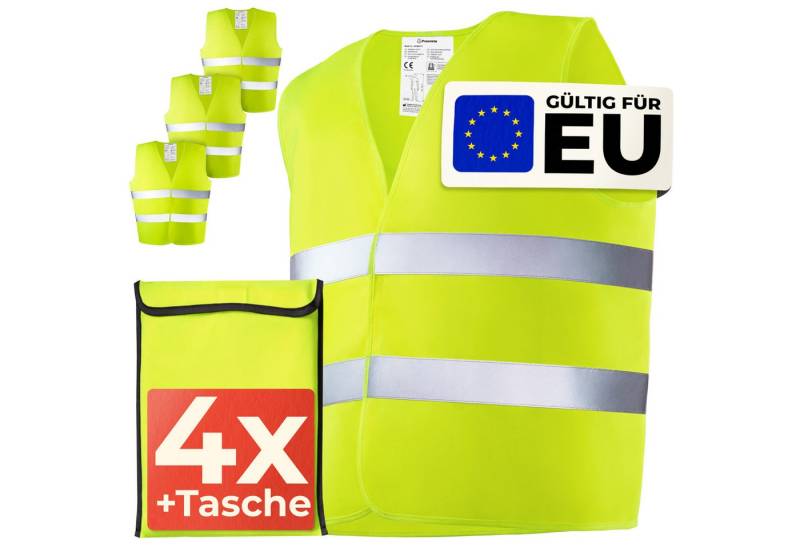 Prowiste Warnweste Auto Warnwesten Gelb - 4er Set Reflektierende Warnschutz Weste +Tasche (Set mit kompakter Tasche, 4-tlg) Für Herren Damen - 2024 TÜV Geprüft - StVO konform - High Visiblity von Prowiste
