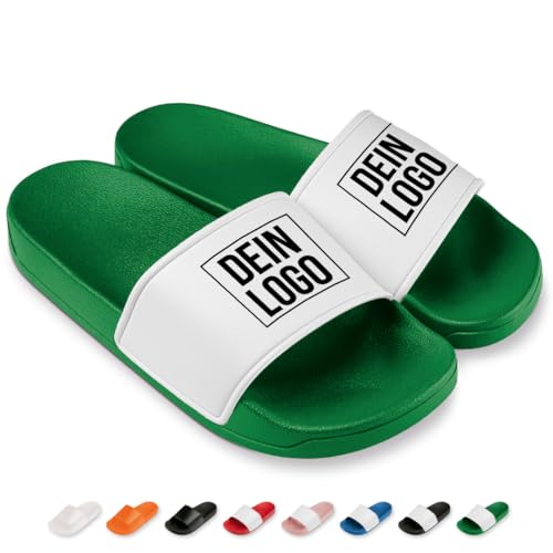 Badelatschen mit Wunschlogo | Slipper | Schlappen | Hausschuhe | Pantoletten | Unisex | personalisiert | eigenes Logo | Personalisiert | rutschfest | Badelatschen Vereine | Grün | Größe 38 von Prozente Momente