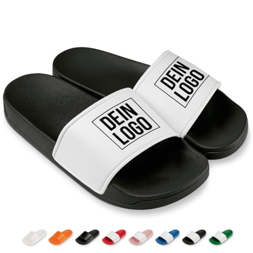 Badelatschen mit Wunschlogo | Slipper | Schlappen | Hausschuhe | Pantoletten | Unisex | personalisiert | eigenes Logo | Personalisiert | rutschfest | Badelatschen Vereine | Schwarz/Weiß | Größe 46 von Prozente Momente