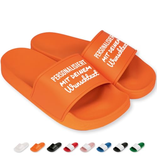 Badelatschen personalisiert mit Wunschtext oder Text – Individuelle Badeschuhe für Damen & Herren – Pantoletten für Strand, Pool & Zuhause – Perfekt für Sport & Freizeit | Orange | Größe 46 von Prozente Momente