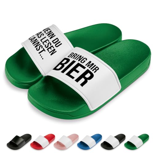 Bring Mir Bier Badelatschen | Slipper | Schlappen | Hausschuhe | Pantoletten | Unisex | Urlaub | Malle | JGA | rutschfest | Grün | Größe 39 von Prozente Momente
