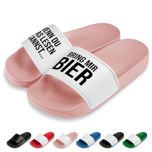 Bring Mir Bier Badelatschen | Slipper | Schlappen | Hausschuhe | Pantoletten | Unisex | Urlaub | Malle | JGA | rutschfest | Rosa | Größe 41 von Prozente Momente