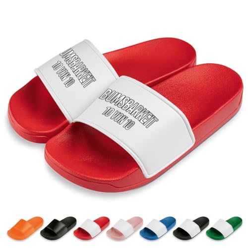Bumsbar Badelatschen | Slipper | Schlappen | Hausschuhe | Pantoletten | Unisex | Urlaub | Malle | JGA | rutschfest | Rot | Größe 44 von Prozente Momente