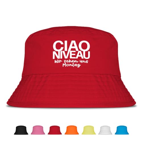 Ciao Niveau bis Montag - Lustiger Fischerhut – Der perfekte Sonnenhut für Herren & Damen – Ideal als Malle-Outfit, Party-Accessoire & Festival-Eimerhut für den Strand | Farbe Rot Ciao Niveau bis Montag - Lustiger Fischerhut – Der perfekte Sonnenhut für Herren & Damen – Ideal als Malle-Outfit, Party-Accessoire & Festival-Eimerhut für den Strand | Farbe Rot von Prozente Momente