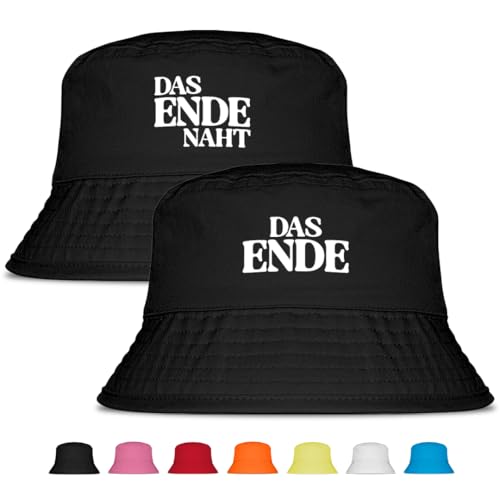 Das Ende naht - 2er Set Fischerhut - Lustiger Fischerhut – Der perfekte Sonnenhut für Herren & Damen – Ideal als Malle-Outfit, Party-Accessoire & Festival-Eimerhut für den Strand| Schwarz von Prozente Momente