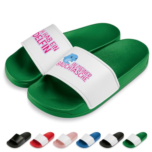 Delfin in meiner Bauchtasche Badelatschen | Slipper | Schlappen | Hausschuhe | Pantoletten | Unisex | Urlaub | Malle | JGA | rutschfest | Grün | Größe 44 von Prozente Momente