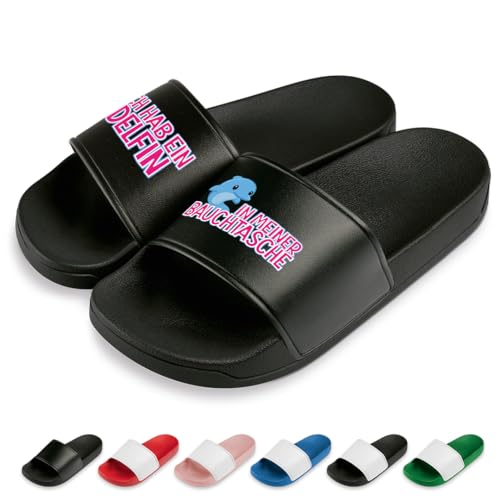 Delfin in meiner Bauchtasche Badelatschen | Slipper | Schlappen | Hausschuhe | Pantoletten | Unisex | Urlaub | Malle | JGA | rutschfest | Schwarz | Größe 41 von Prozente Momente