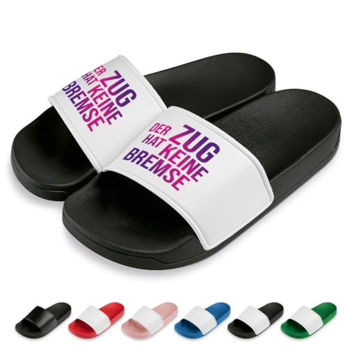 Der Zug hat Keine Bremse Badelatschen | Slipper | Schlappen | Hausschuhe | Pantoletten | Unisex | Urlaub | Malle | JGA | rutschfest | Schwarz/Weiß | Größe 44 von Prozente Momente