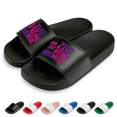 Der Zug hat Keine Bremse Badelatschen | Slipper | Schlappen | Hausschuhe | Pantoletten | Unisex | Urlaub | Malle | JGA | rutschfest | Schwarz | Größe 37 von Prozente Momente
