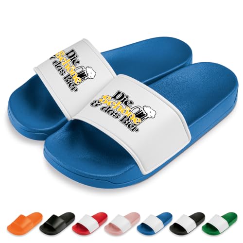 Die Schöne und das Bier Badelatschen | Slipper | Schlappen | Hausschuhe | Pantoletten | Unisex | Malle | Party | rutschfest | Blau | Größe 47 Die Schöne und das Bier Badelatschen | Slipper | Schlappen | Hausschuhe | Pantoletten | Unisex | Malle | Party | rutschfest | Blau | Größe 47 von Prozente Momente