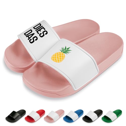 Dies Das Ananas | Slipper | Badelatschen | Hausschuhe | Pantoletten | Unisex | Urlaub | Malle | Geschenkidee | rutschfest | Rosa | Größe 38 von Prozente Momente