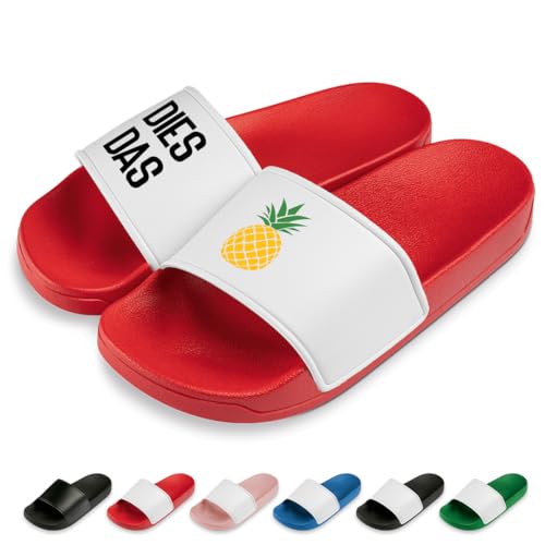 Dies Das Ananas | Slipper | Badelatschen | Hausschuhe | Pantoletten | Unisex | Urlaub | Malle | Geschenkidee | rutschfest | Rot | Größe 43 von Prozente Momente