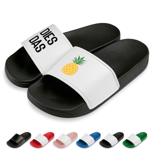 Dies Das Ananas | Slipper | Badelatschen | Hausschuhe | Pantoletten | Unisex | Urlaub | Malle | Geschenkidee | rutschfest | Schwarz/Weiß | Größe 38 von Prozente Momente