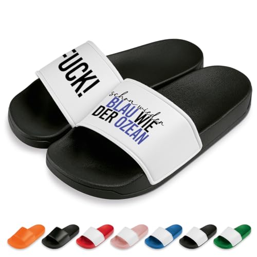 Fuck! Ich bin schon wieder Blau Badelatschen | Slipper | Schlappen | Hausschuhe | Pantoletten | Unisex | Malle | JGA Hochzeit | Rutschfest | Schwarz/Weiß | Größe 39 von Prozente Momente
