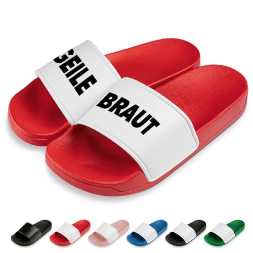 Geile Braut Badelatschen | Slipper | Schlappen | Hausschuhe | Pantoletten | Unisex | Malle | JGA Hochzeit | rutschfest | Rot | Größe 37 von Prozente Momente