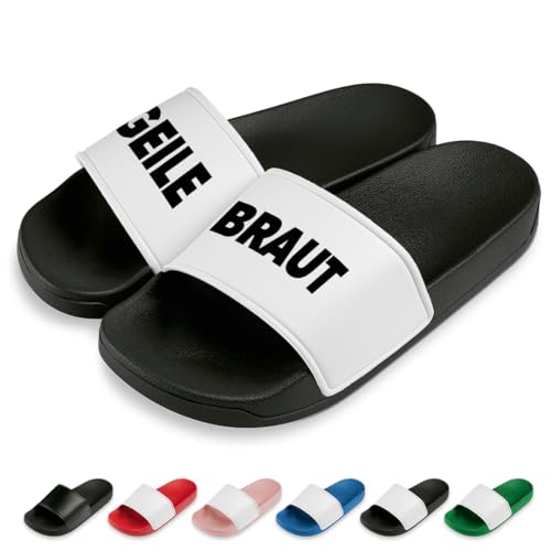 Geile Braut Badelatschen | Slipper | Schlappen | Hausschuhe | Pantoletten | Unisex | Malle | JGA Hochzeit | rutschfest | Schwarz/Weiß | Größe 37 von Prozente Momente
