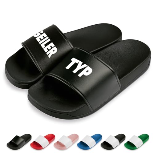 Geiler Typ Badelatschen | Slipper | Schlappen | Hausschuhe | Pantoletten | Unisex | Malle | JGA | rutschfest | Schwarz | Größe 42 von Prozente Momente