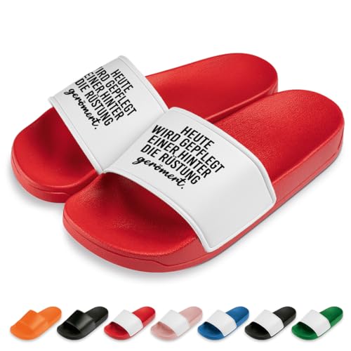 Heute Wird gepflegt Einer hinter die Rüstung gerömert Badelatschen | Slipper | Schlappen | Hausschuhe | Pantoletten | Unisex | Malle | Party | rutschfest | Rot | Größe 46 von Prozente Momente