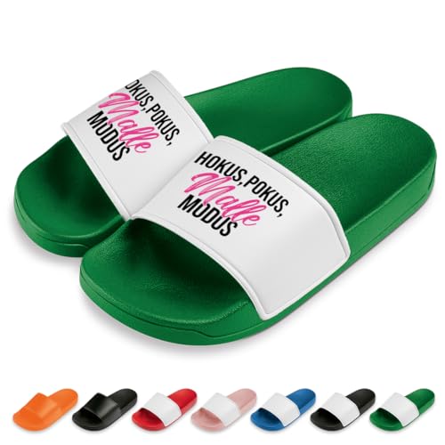 Hokus, Pokus, Malle Modus Badelatschen | Slipper | Schlappen | Hausschuhe | Pantoletten | Unisex | Malle | Party | rutschfest | Grün | Größe 45 von Prozente Momente