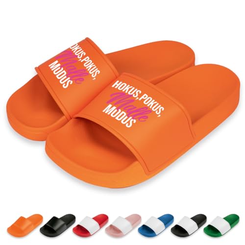 Hokus, Pokus, Malle Modus Badelatschen | Slipper | Schlappen | Hausschuhe | Pantoletten | Unisex | Malle | Party | rutschfest | Orange | Größe 41 von Prozente Momente