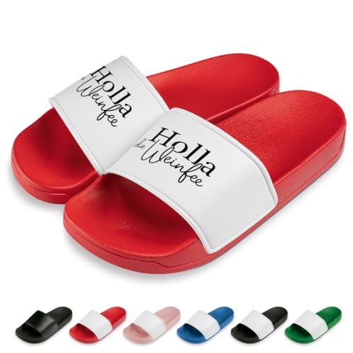 Holla die Weinfee Badelatschen | Slipper | Schlappen | Hausschuhe | Pantoletten | Unisex | Malle | Sprüche | Geschenkidee | rutschfest | Rot | Größe 41 von Prozente Momente