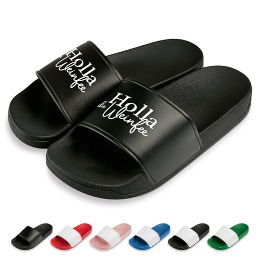 Holla die Weinfee Badelatschen | Slipper | Schlappen | Hausschuhe | Pantoletten | Unisex | Malle | Sprüche | Geschenkidee | rutschfest | Schwarz | Größe 38 Holla die Weinfee Badelatschen | Slipper | Schlappen | Hausschuhe | Pantoletten | Unisex | Malle | Sprüche | Geschenkidee | rutschfest | Schwarz | Größe 38 von Prozente Momente