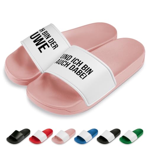 Ich Bin auch dabei! Badelatschen | Personalisiert | Schlappen | Hausschuhe | Pantoletten | Unisex | Urlaub | Malle | JGA | rutschfest | Rosa | Größe 38 von Prozente Momente