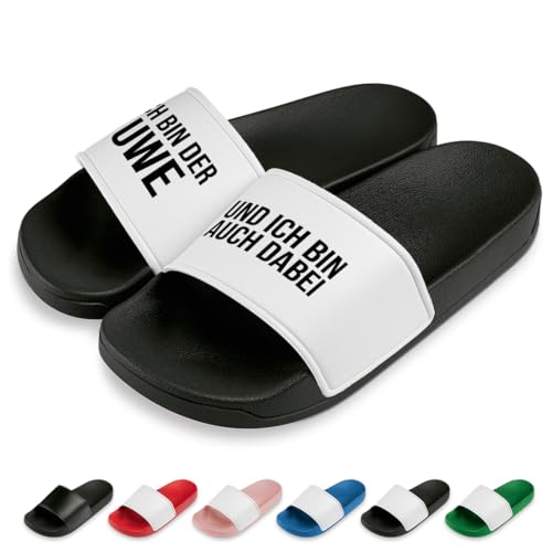 Ich Bin auch dabei! Badelatschen | Personalisiert | Schlappen | Hausschuhe | Pantoletten | Unisex | Urlaub | Malle | JGA | rutschfest | Schwarz/Weiß | Größe 41 von Prozente Momente