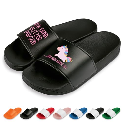Ich kann Glitzer pupsen Badelatschen | Slipper | Schlappen | Hausschuhe | Pantoletten | Unisex | Freizeit | Malle | lustige Motive | rutschfest | Schwarz | Größe 41 von Prozente Momente