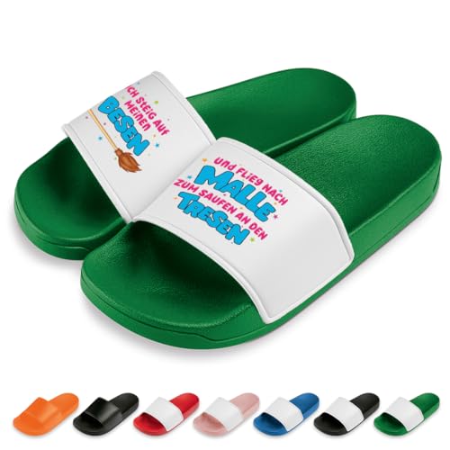 Ich steig auf Meinen Besen Badelatschen | Slipper | Schlappen | Hausschuhe | Pantoletten | Unisex | Malle | Party | rutschfest | Grün | Größe 41 von Prozente Momente