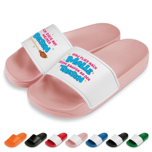 Ich steig auf Meinen Besen Badelatschen | Slipper | Schlappen | Hausschuhe | Pantoletten | Unisex | Malle | Party | rutschfest | Rosa | Größe 38 von Prozente Momente