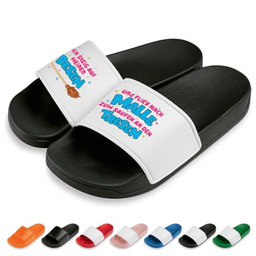 Ich steig auf Meinen Besen Badelatschen | Slipper | Schlappen | Hausschuhe | Pantoletten | Unisex | Malle | Party | rutschfest | Schwarz/Weiß | Größe 36 von Prozente Momente