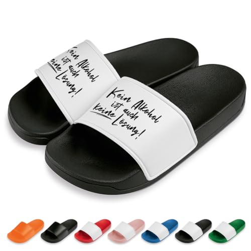 Kein Alkohol ist auch kene Lösung Badelatschen | Slipper | Schlappen | Hausschuhe | Pantoletten | Unisex | Malle | Party | rutschfest | Schwarz/Weiß | Größe 42 von Prozente Momente
