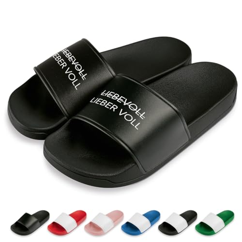 Lieber voll - liebevoll Badelatschen | Slipper | Schlappen | Hausschuhe | Pantoletten | Unisex | Urlaub | Malle | JGA | rutschfest | Lustig | Schwarz | Größe 42 von Prozente Momente