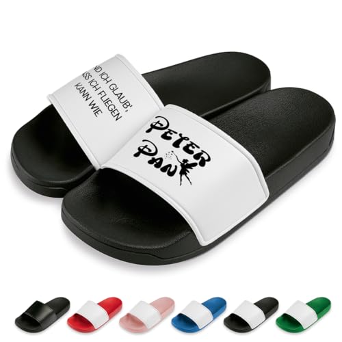 Peter Pan Badelatschen| Slipper | Schlappen | Hausschuhe | Pantoletten | Unisex | Urlaub | Malle | JGA | lustige Motive | rutschfest | Schwarz/Weiß | Größe 40 von Prozente Momente