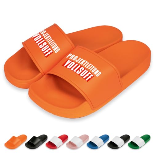 Projektleitung Vollsuff Badelatschen | Slipper | Schlappen | Hausschuhe | Pantoletten | Unisex | Malle | Party | rutschfest | Orange | Größe 43 von Prozente Momente