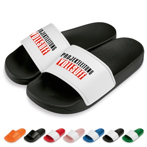 Projektleitung Vollsuff Badelatschen | Slipper | Schlappen | Hausschuhe | Pantoletten | Unisex | Malle | Party | rutschfest | Schwarz/Weiß | Größe 45 von Prozente Momente