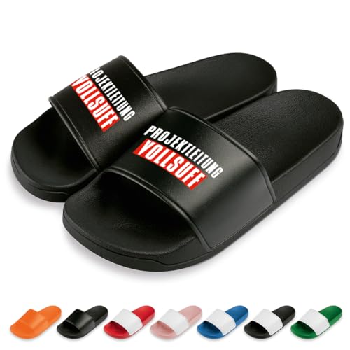Projektleitung Vollsuff Badelatschen | Slipper | Schlappen | Hausschuhe | Pantoletten | Unisex | Malle | Party | rutschfest | Schwarz | Größe 47 von Prozente Momente