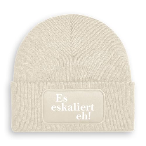 Prozente Momente Es eskaliert eh! - Beanie | Strickmütze | Wollmütze | Beanie mit Druck | lustige Sprüche | Apres-Ski | Winter | Beige von Prozente Momente