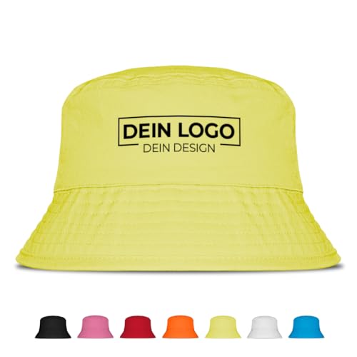 Prozente Momente Fischerhut mit Wunschlogo oder Text für JGA, Mallorca & Party – Anglerhut für Männer & Frauen – Festival Sommerhut mit Wunschmotiv, personalisiert mit Bild und Text | Gelb von Prozente Momente